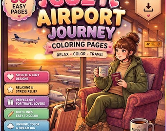 Cozy Girl Travel Coloring Pages | Airport Coloring & Airplane Coloring Vacation Coloring Adventure Coloring Book | Printable PDF Download