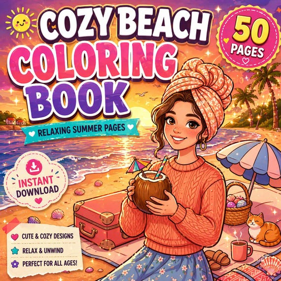 Cozy Beach Coloring Book | Summer Coloring & Ocean coloring Pages Vacation Coloring Coastal Coloring Book | Digital Download