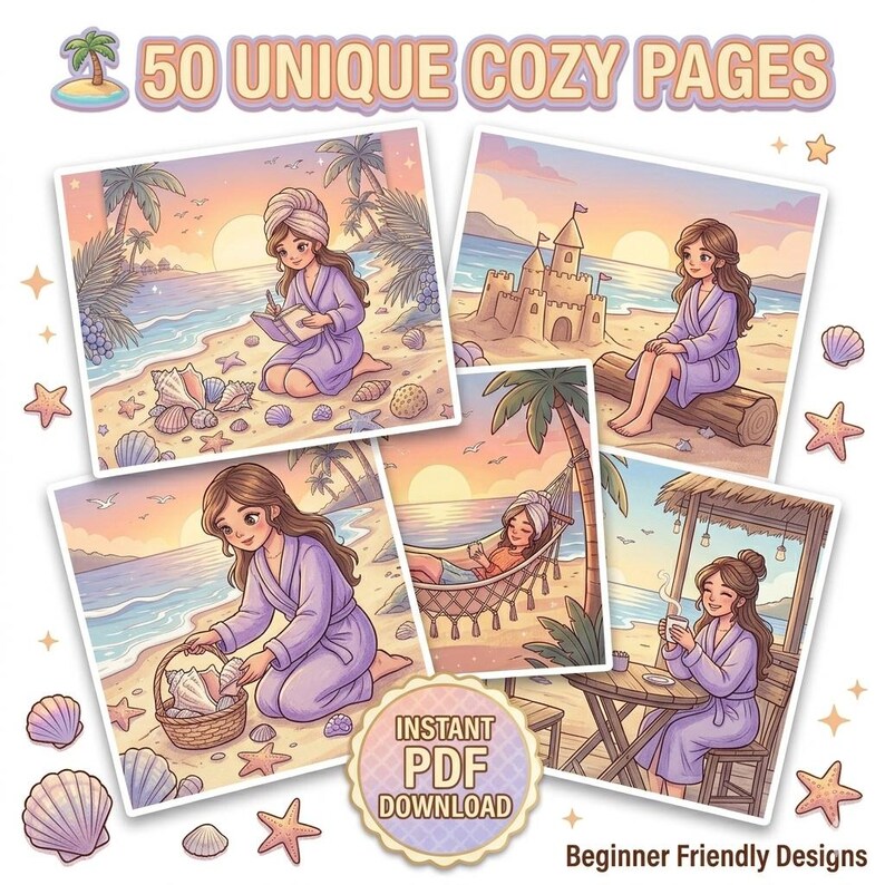 May include: A digital collection of 50 unique cozy pages featuring illustrations of a person in a lavender robe relaxing on a beach. The scenes include writing in a journal, sitting by a sandcastle, gathering seashells, resting in a hammock, and drinking a warm beverage. Text includes 50 UNIQUE COZY PAGES and INSTANT PDF DOWNLOAD.