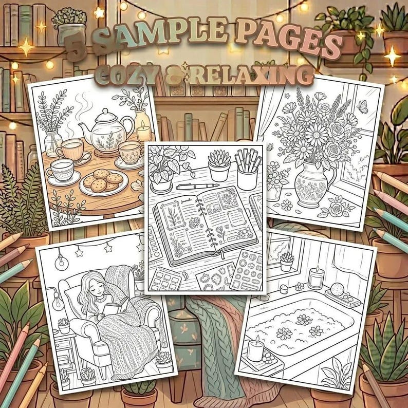 Cozy Girl Moments Coloring Book | Cute Relaxing Coloring Pages for Adult | Bold & Easy Printable PDF | iPad Procreate Digital image 12
