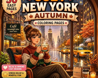 Cozy New York Coloring Pages | Autumn Coloring & Coffee Shop Coloring Nyc Coloring Travel Coloring Book | Printable PDF Download