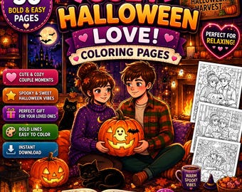 Cozy Couple Halloween Coloring Pages | Spooky Coloring & Pumpkin Coloring Fall Coloring Book | Printable PDF