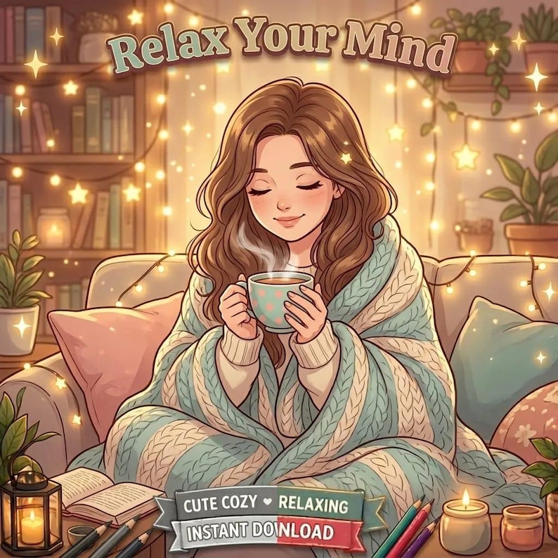 Cozy Girl Moments Coloring Book | Cute Relaxing Coloring Pages for Adult | Bold & Easy Printable PDF | iPad Procreate Digital image 9