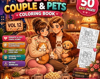 Cozy Couple Pet Coloring Pages | Cats Coloring & Dog Coloring Pages For Adults | Animal Coloring | Printable PDF Download