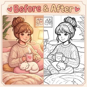 Pode incluir: Uma ilustra&ccedil;&atilde;o de tela dividida intitulada Before & After mostrando uma pessoa com um coque usando um su&eacute;ter de tric&ocirc;, segurando uma caneca com estampa de cora&ccedil;&atilde;o e um gato branco dormindo. O lado esquerdo &eacute; colorido, o direito &eacute; arte linear.
