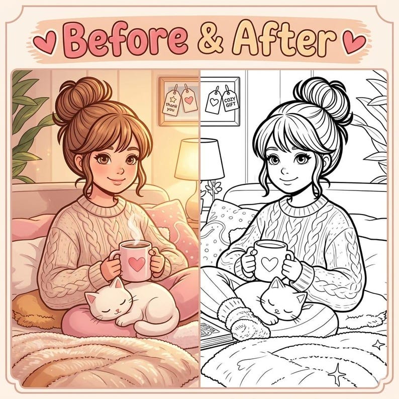 Pode incluir: Uma ilustra&ccedil;&atilde;o de tela dividida intitulada Before & After mostrando uma pessoa com um coque usando um su&eacute;ter de tric&ocirc;, segurando uma caneca com estampa de cora&ccedil;&atilde;o e um gato branco dormindo. O lado esquerdo &eacute; colorido, o direito &eacute; arte linear.