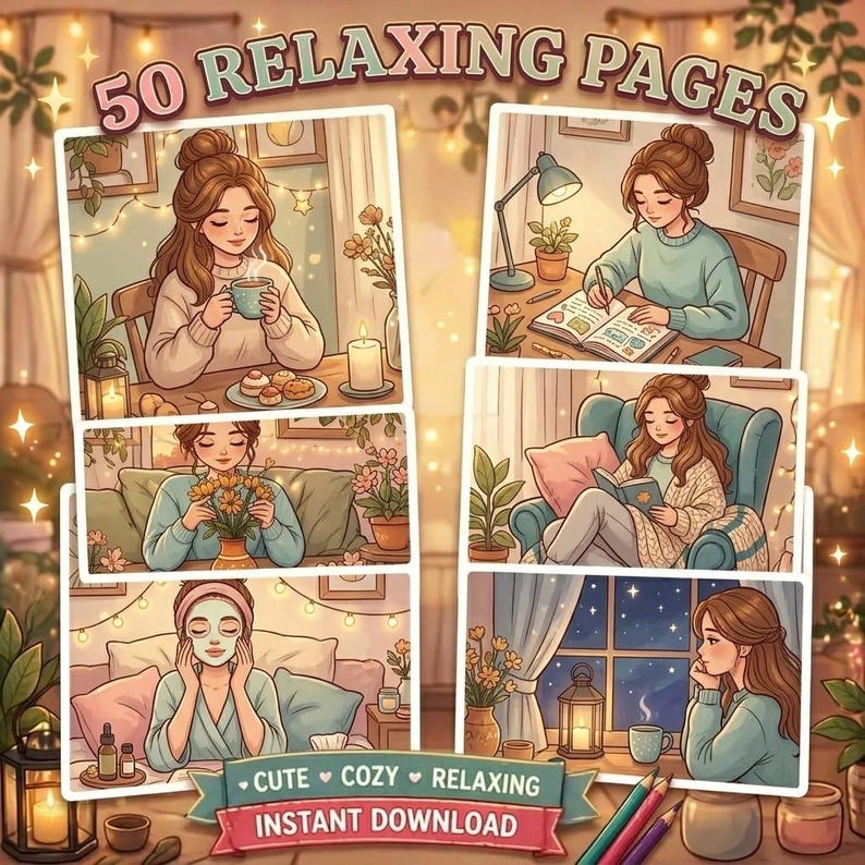 Cozy Girl Moments Coloring Book | Cute Relaxing Coloring Pages for Adult | Bold & Easy Printable PDF | iPad Procreate Digital image 8