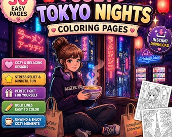 Cozy Tokyo Coloring Pages | Neon Coloring & Anime Coloring Travel Coloring Book | Printable PDF Download