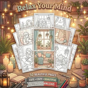 Cozy Girl Moments Coloring Book | Cute Relaxing Coloring Pages for Adult | Bold & Easy Printable PDF | iPad Procreate Digital image 10