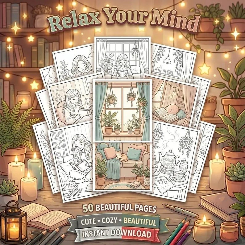 Cozy Girl Moments Coloring Book | Cute Relaxing Coloring Pages for Adult | Bold & Easy Printable PDF | iPad Procreate Digital image 10