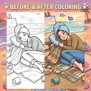 May include: A split-screen illustration titled BEFORE & AFTER COLORING showing a line art drawing on the left and a fully colored version on the right. It depicts a person with a blue hair towel, a mustard sweater, and blue jeans resting on a beach.