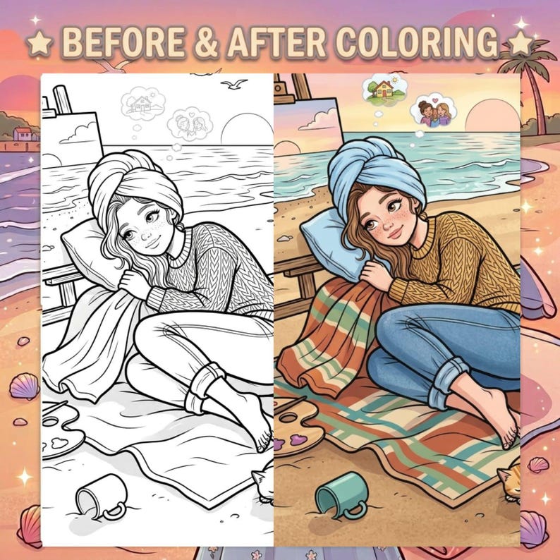 May include: A split-screen illustration titled BEFORE & AFTER COLORING showing a line art drawing on the left and a fully colored version on the right. It depicts a person with a blue hair towel, a mustard sweater, and blue jeans resting on a beach.