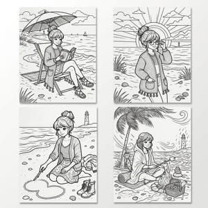 May include: A set of four black and white line art illustrations featuring a person in various beach settings. Scenes include reading under an umbrella, standing by the ocean, drawing in the sand, and sitting by a campfire with a lighthouse nearby.