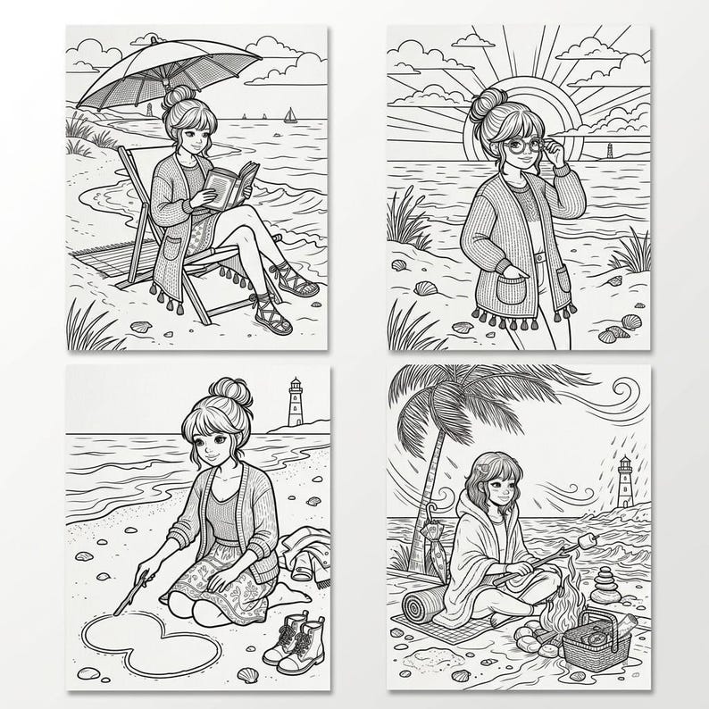 May include: A set of four black and white line art illustrations featuring a person in various beach settings. Scenes include reading under an umbrella, standing by the ocean, drawing in the sand, and sitting by a campfire with a lighthouse nearby.