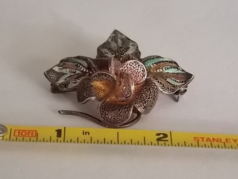 Filigree Orchid Watch or Locket Hanger Brooch Rose Green Yellow Gold Color boc mark 1.5 inches in diameter image 3