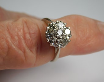 Diamond Cluster Ring one Carat Total Weight White Gold 14K 3.4 grams Sizable 4 Mid-Century