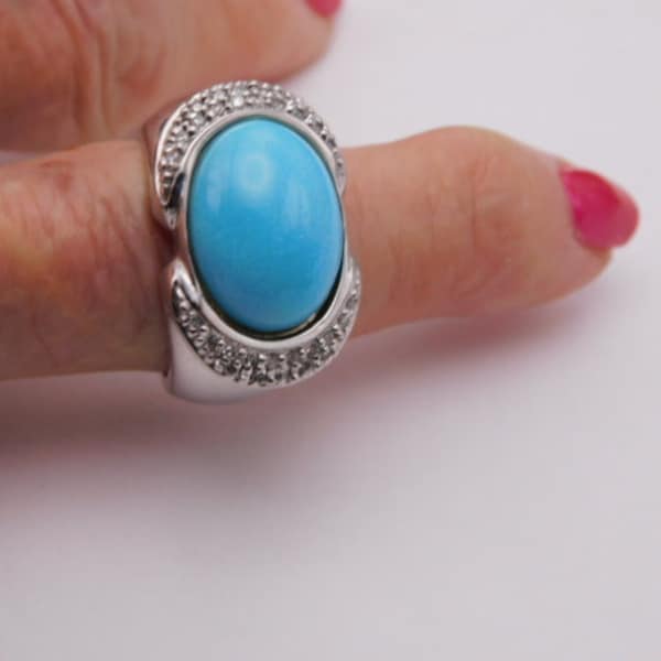 Turquoise Diamond Ring .30 Ctw White Gold 14K JCR 13.6 grams Sizable 9