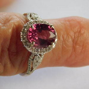 Pink Tourmaline and Diamond Halo Ring 2.76 Carats Total Weight White Gold 14K 3.7gm Size 6.5 NOS