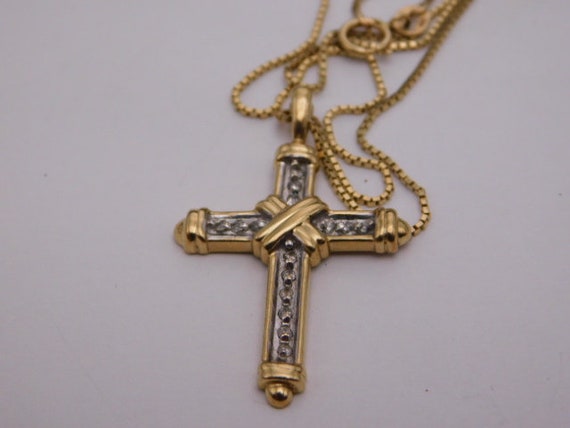Diamond Cross and 18 inch chain White and Yellow Gold… - Gem
