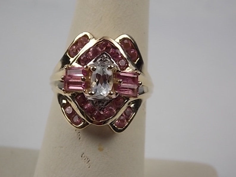 Tourmaline and Aquamarine Ring 1.44Ctw Yellow gold 10K 4.3gm Size 6 March Birthstone