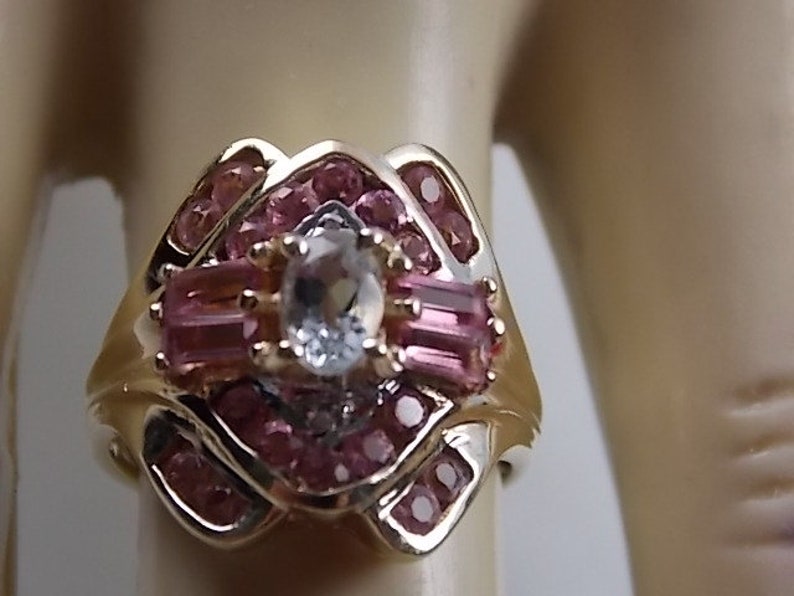 Tourmaline and Aquamarine Ring 1.44Ctw Yellow gold 10K 4.3gm Size 6 March Birthstone