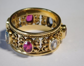 Ruby and Aquamarine Etruscan Cigar Band Ring  11.8mm wide Yellow Gold 14K 10 Grams Size 10 1/2