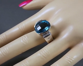14K White Gold London Blue Topaz & Diamond Ring, Size 8.5