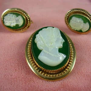 Antique Green Glass & Mother of Pearl Cameo Jewelry Set 14K GF 1 1/2 X 1 inches image 4