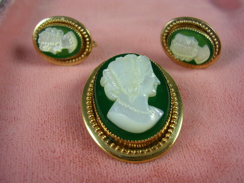 Antique Green Glass & Mother of Pearl Cameo Jewelry Set 14K GF 1 1/2 X 1 inches image 4