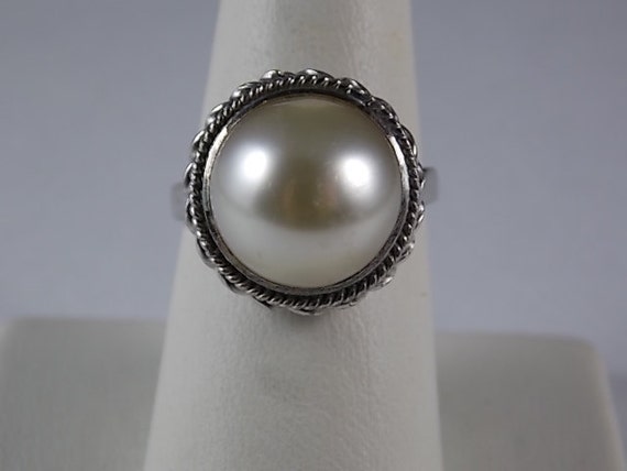 Vintage Mabe Pearl Ring 14mm Pearl White Gold 18K… - image 4