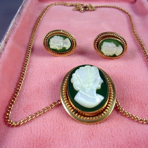 Antique Green Glass & Mother of Pearl Cameo Jewelry Set 14K GF 1 1/2 X 1 inches image 2