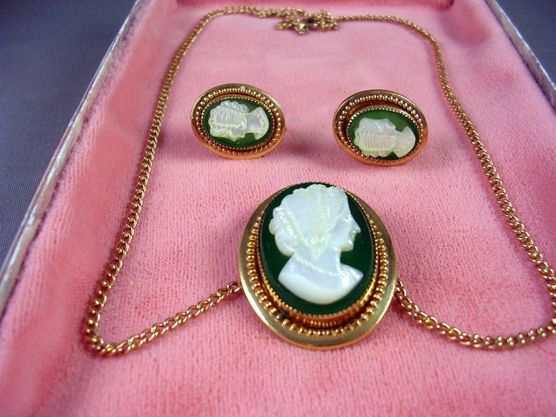 Antique Green Glass & Mother of Pearl Cameo Jewelry Set 14K GF 1 1/2 X 1 inches image 2