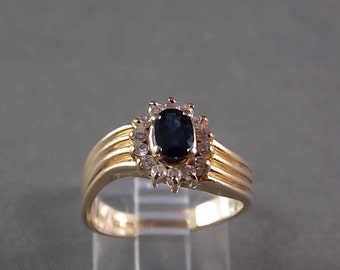 Vintage Blue Sapphire and Diamond Halo Ring, 14K Yellow Gold