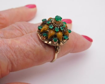 Emerald and Tiger Eye Thai Princess Harem Ring Yellow Gold 10K  5.61 grams Size 8.25