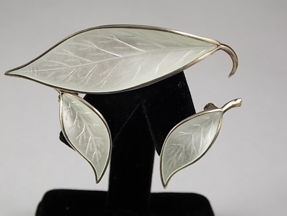 Guilloche Enamel Leaf Brooch and Earrings Gold ov… - image 4
