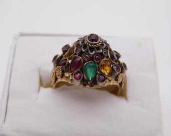 Thai Harem Ring Ruby Emerald Amethyst Tigers Eye Yellow Gold 10K 5.2 gm Size 5.5