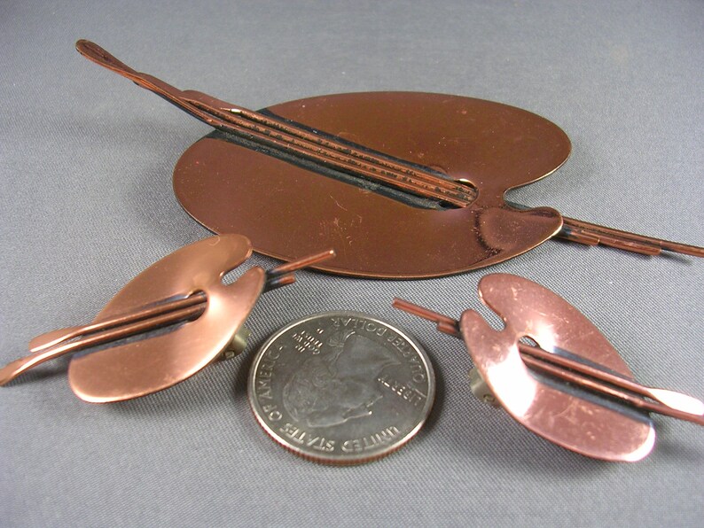 Mad Men 1960s Renoir Copper Palette Brooch and Earrings 4 inches x 2 inches Brooch 32 grams Excellent Condition image 1