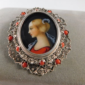 Silver Filigree Hand Painted Brooch or Pendant of Lady with Coral Stones 800 Silver no chain