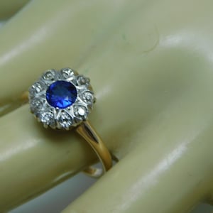Antique Sapphire and Diamond Daisy Ring 2 Ctw Yellow Gold 14K 3.76 Grams Size 7.75 Old Cut Diamonds