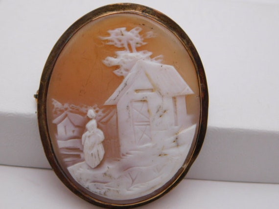 Large Hardstone Brooch Oriental Scene 1 3/4 in by… - image 2