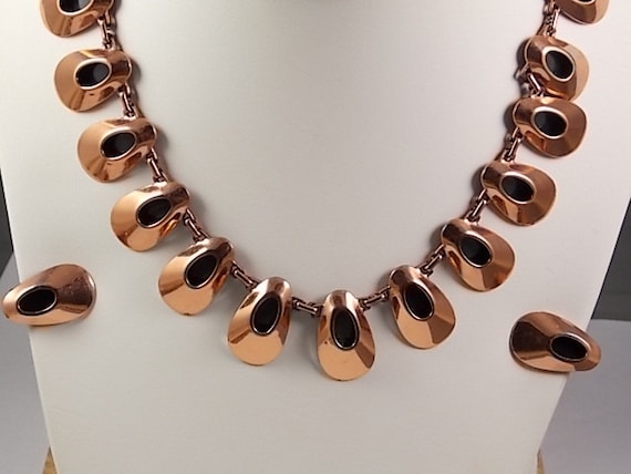 1960s Renoir Copper Necklace and Clip Earrings, Black Enamel Bear Paw Design