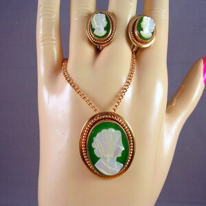 Antique Green Glass & Mother of Pearl Cameo Jewelry Set 14K GF 1 1/2 X 1 inches image 1