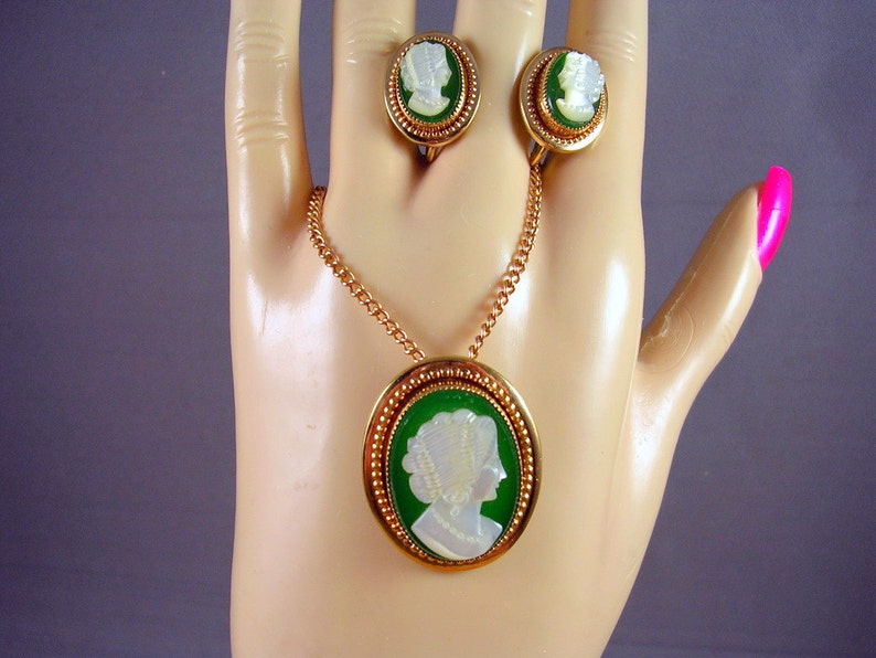 Antique Green Glass & Mother of Pearl Cameo Jewelry Set 14K GF 1 1/2 X 1 inches image 1