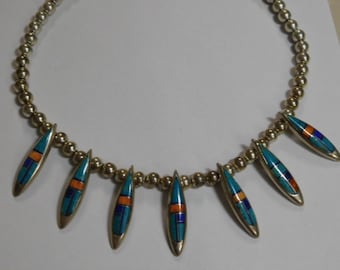 Silver Bead Necklace inlay turquoise coral and more 17 3/4 in long 64 grams Stamped AL