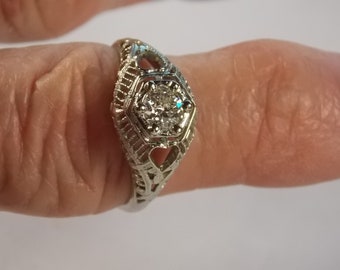 Antique Old European Cut Diamond Filigree 18K White Gold Ring, Size 5 1/2