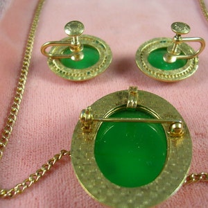 Antique Green Glass & Mother of Pearl Cameo Jewelry Set 14K GF 1 1/2 X 1 inches image 3