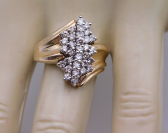 Diamond Waterfall Cluster Ring one Carat Total Weight Yellow Gold 14K 6.8 grams Size 7 3/4