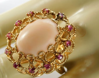 Coral and Ruby Statement Ring 7.80 Carats total weight Yellow Gold 14K 14 Grams Size 8.5 Appraised 3900.00