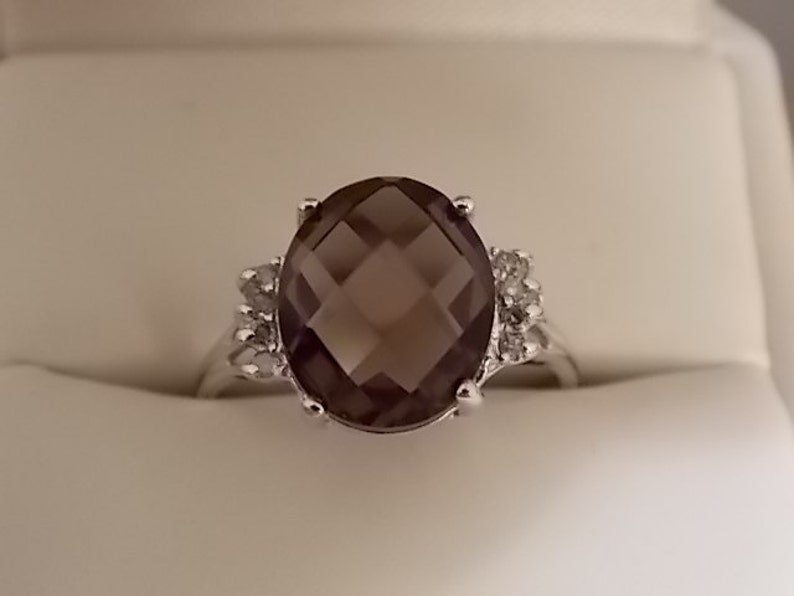 Smoky Quartz and Diamond Ring White Gold 10K 4.66Ctw 2.8gm Size 7 Estate Jewelry image 3