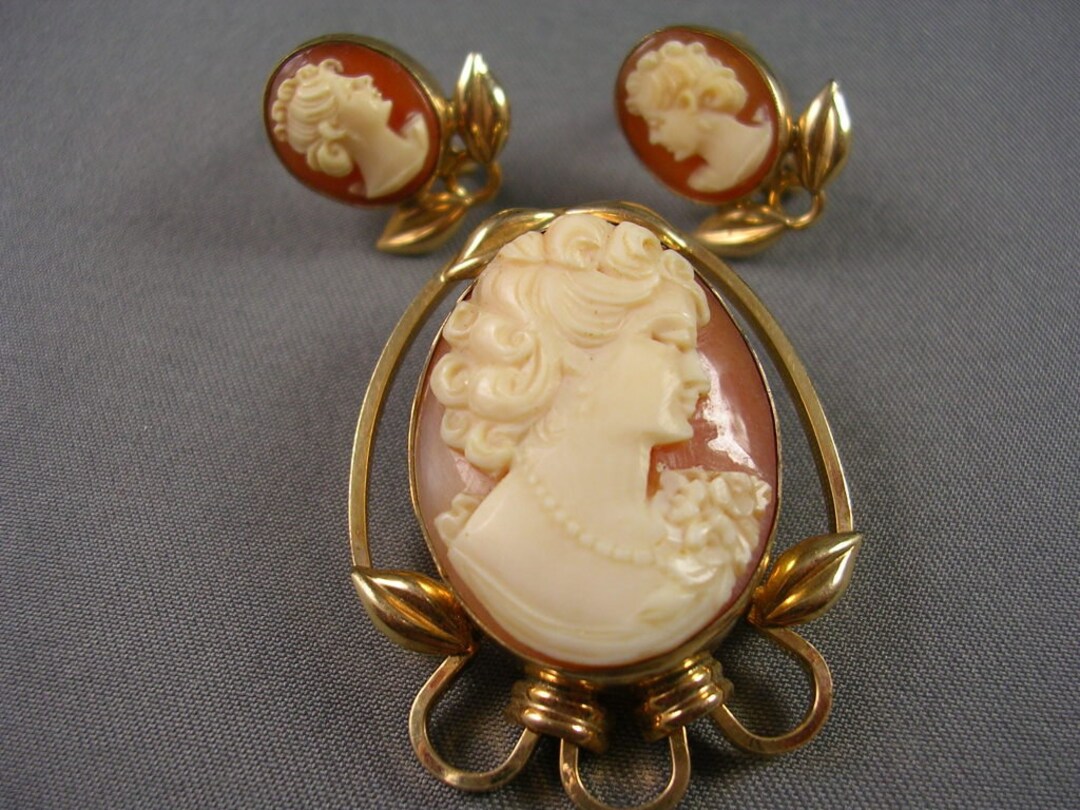 入園入学祝い Carved 1940s Shell Set Earrings and Brooch/pendant Cameo その他